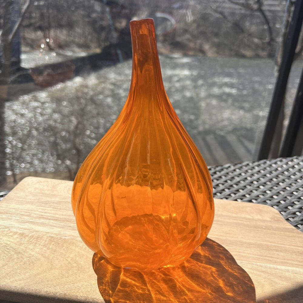 Murano Renzo Stellon Vintage Orange Small Tear Drop Vase 8" Hand Blown